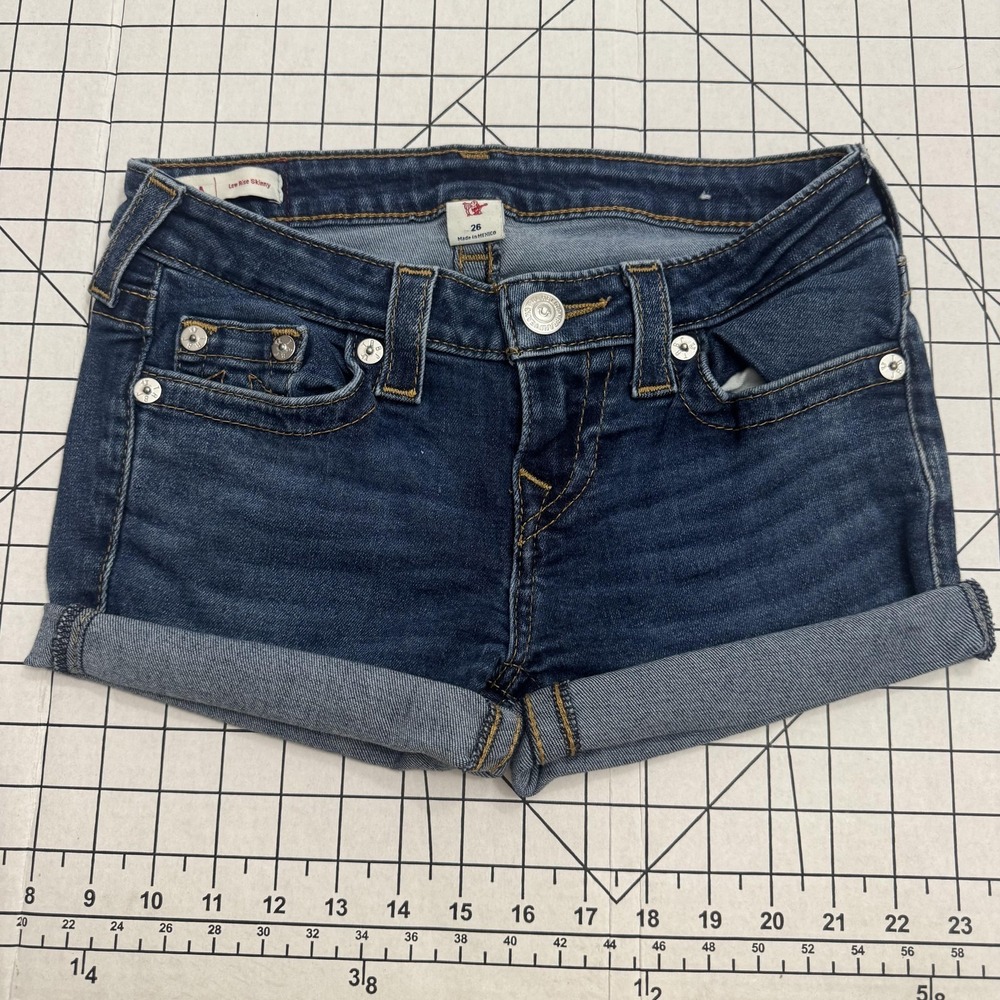 True Religion Shorts Womens 26 Blue Denim Cuffed Cut Off Logo Pockets Jean - Picture 3 of 3